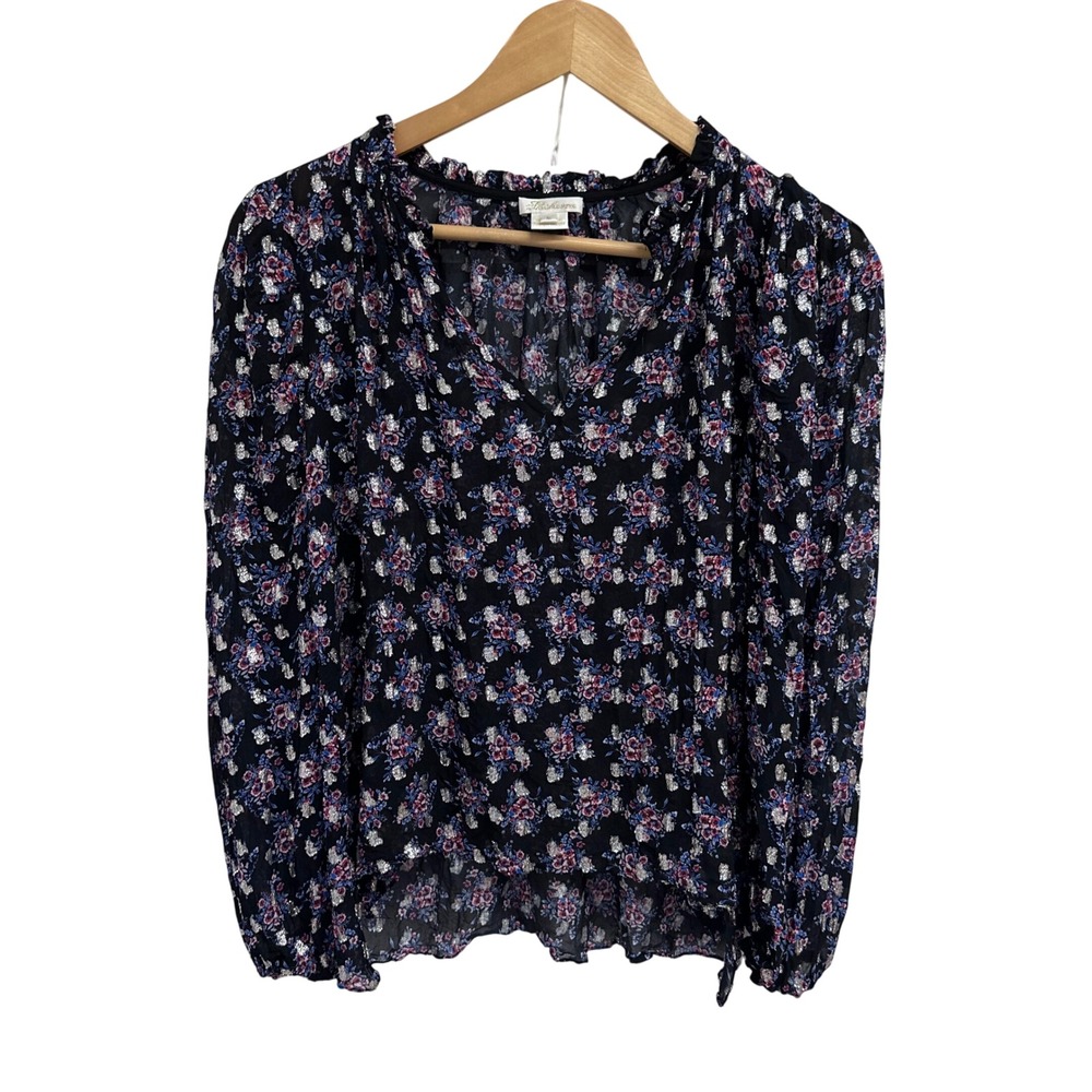 Shoshanna Floral Femme Black Long Sleeve Blouse with Metallic‎ Accents Size M